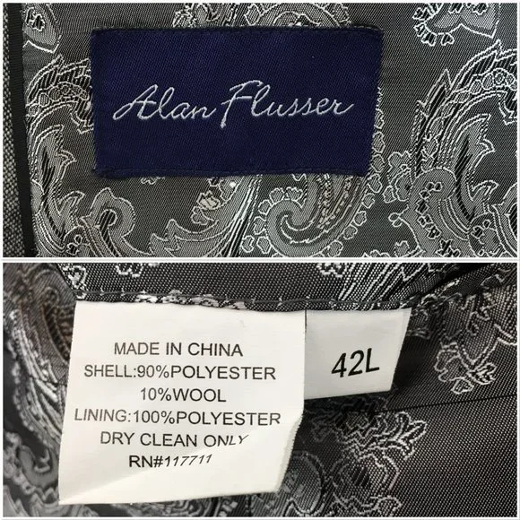 Alan Flusser‎ Mens Blazer Sport Coat Two Button Casual Jacket Size 42L Wool Suit